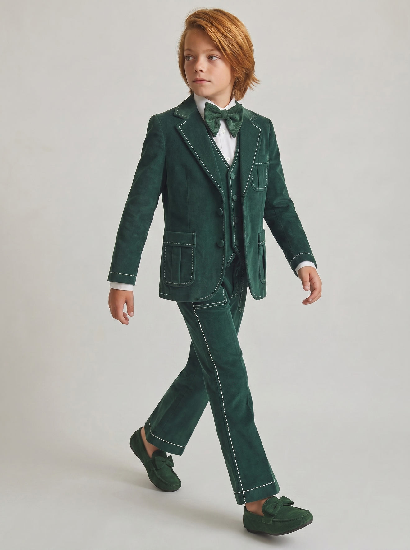 Dark Green Velvet Contrasting Topstitching 5-Piece Suit