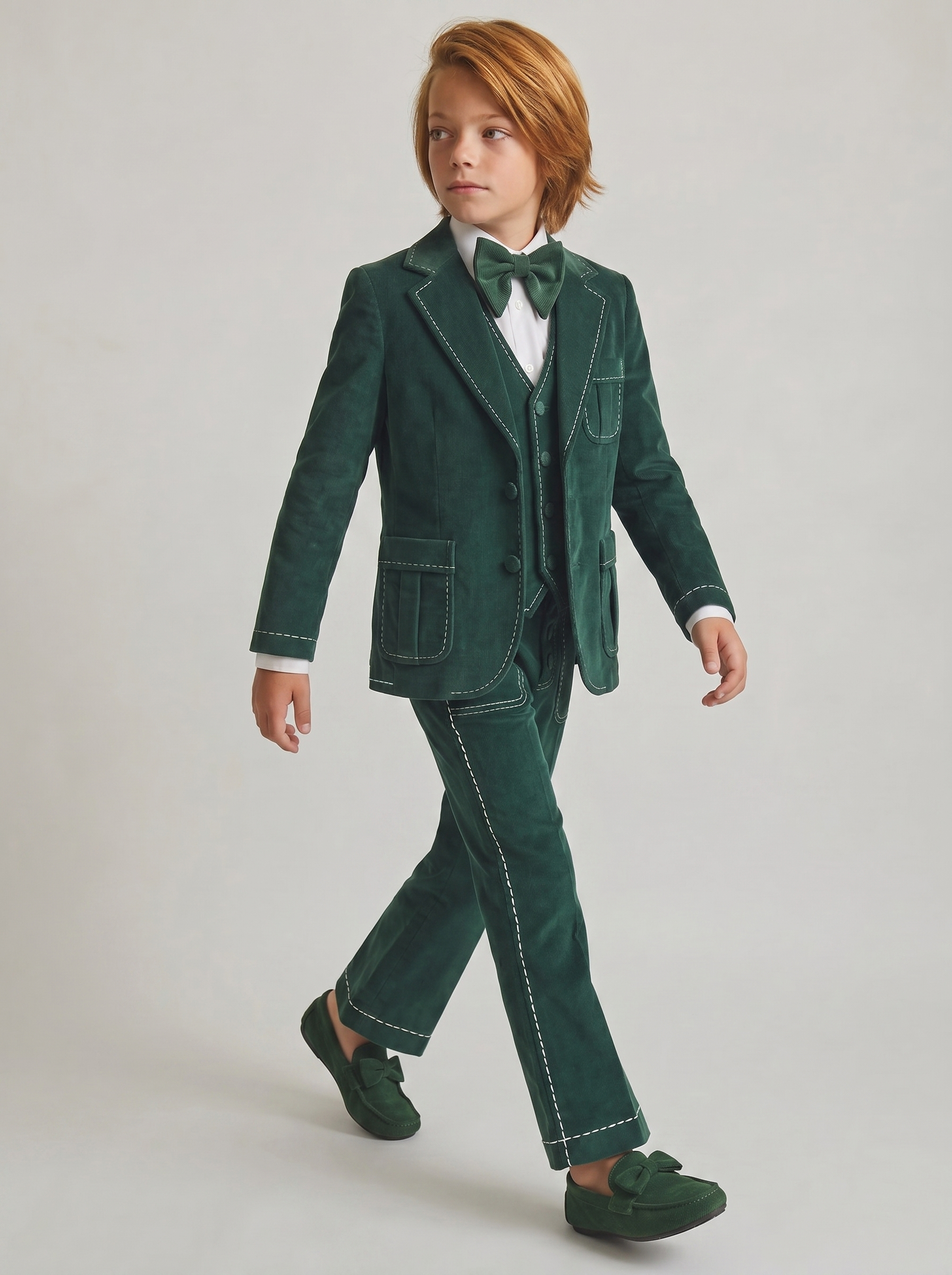 Dark Green Velvet Contrasting Topstitching 5-Piece Suit