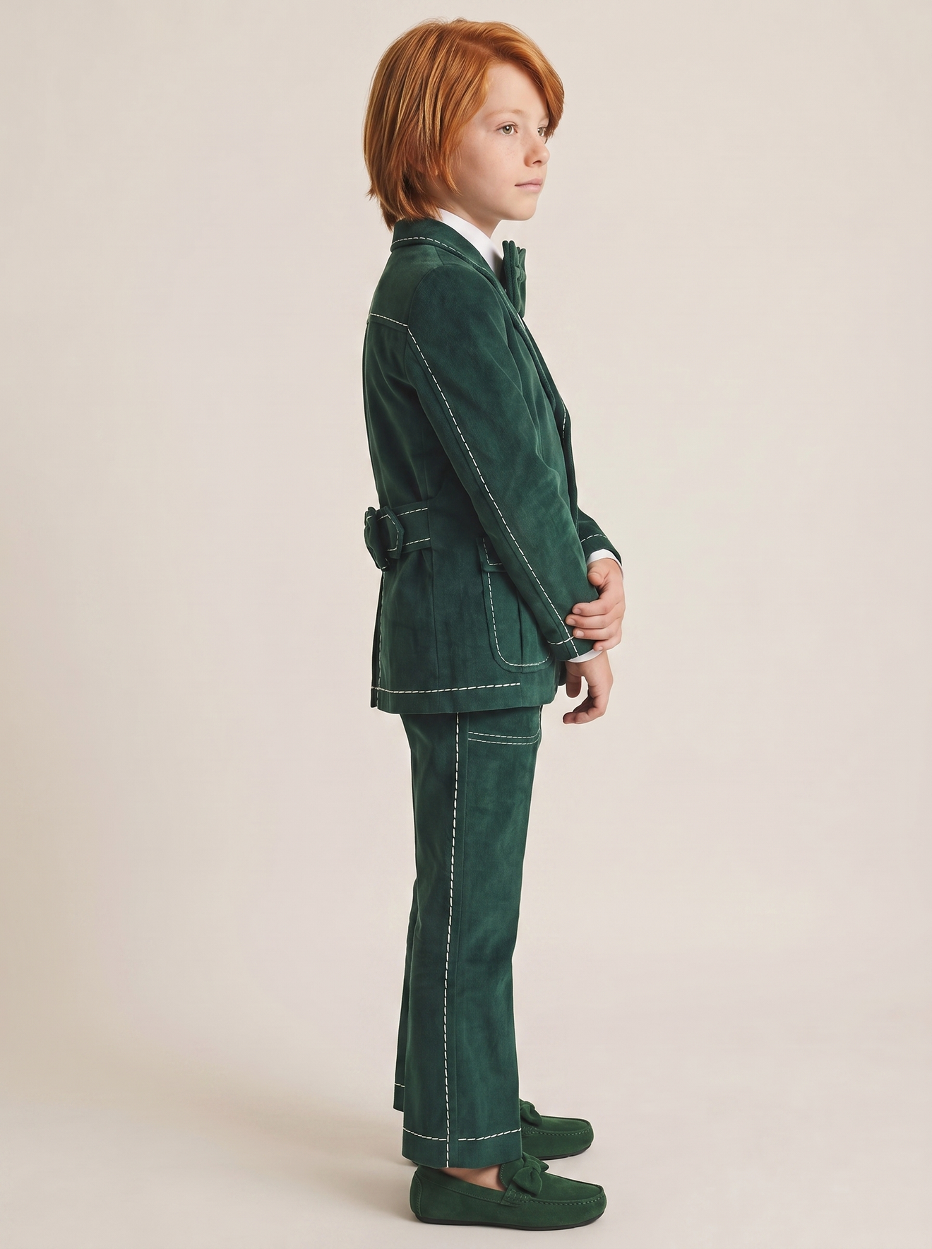 Dark Green Velvet Contrasting Topstitching 5-Piece Suit