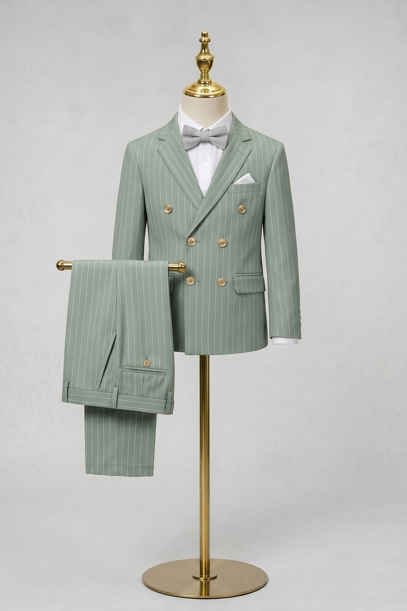 Light Green Fine-Striped Double-Breasted 2-Piece Suit—Ideal for Weddings