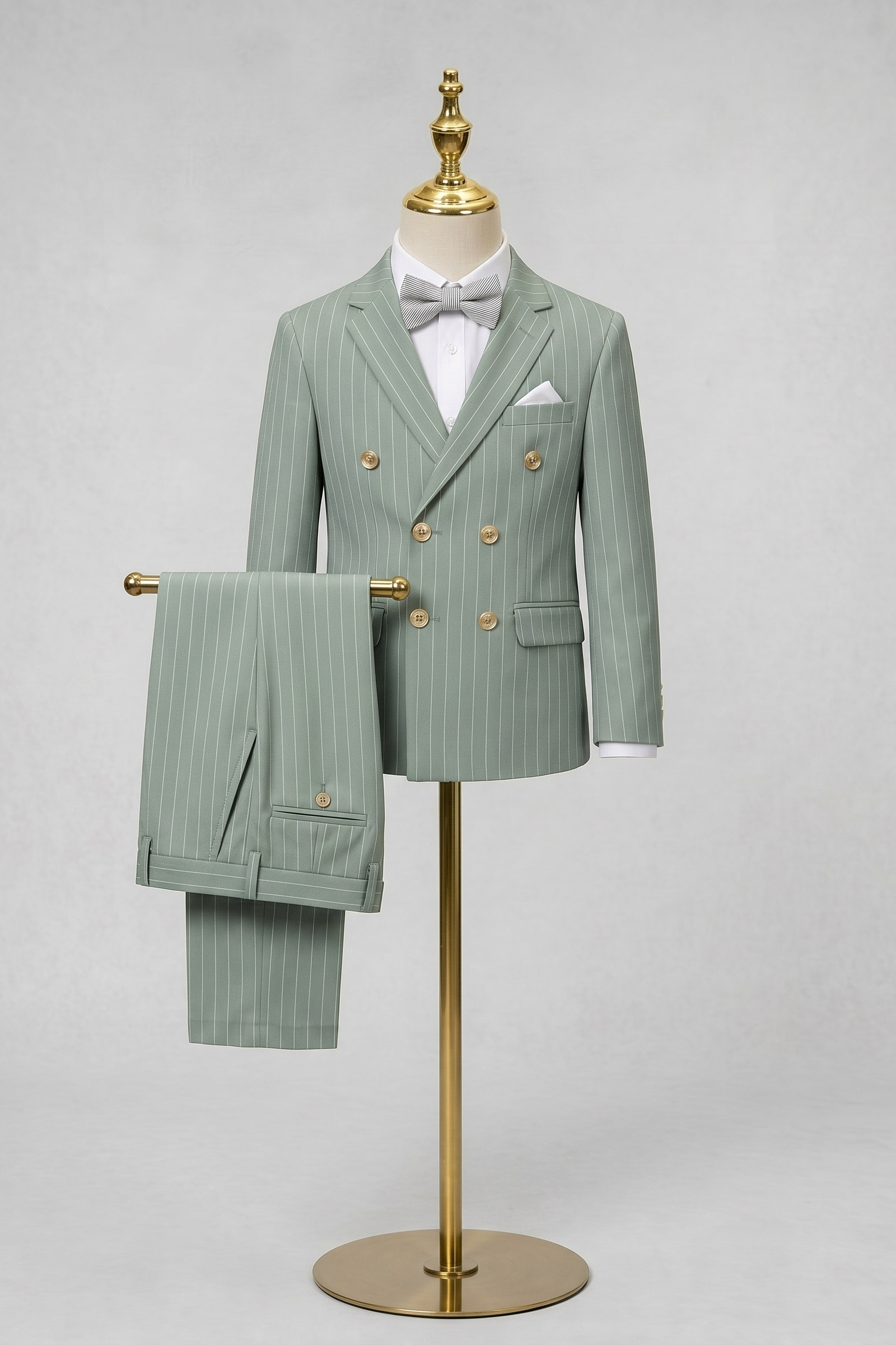 Light Green Fine-Striped Double-Breasted 2-Piece Suit—Ideal for Weddings
