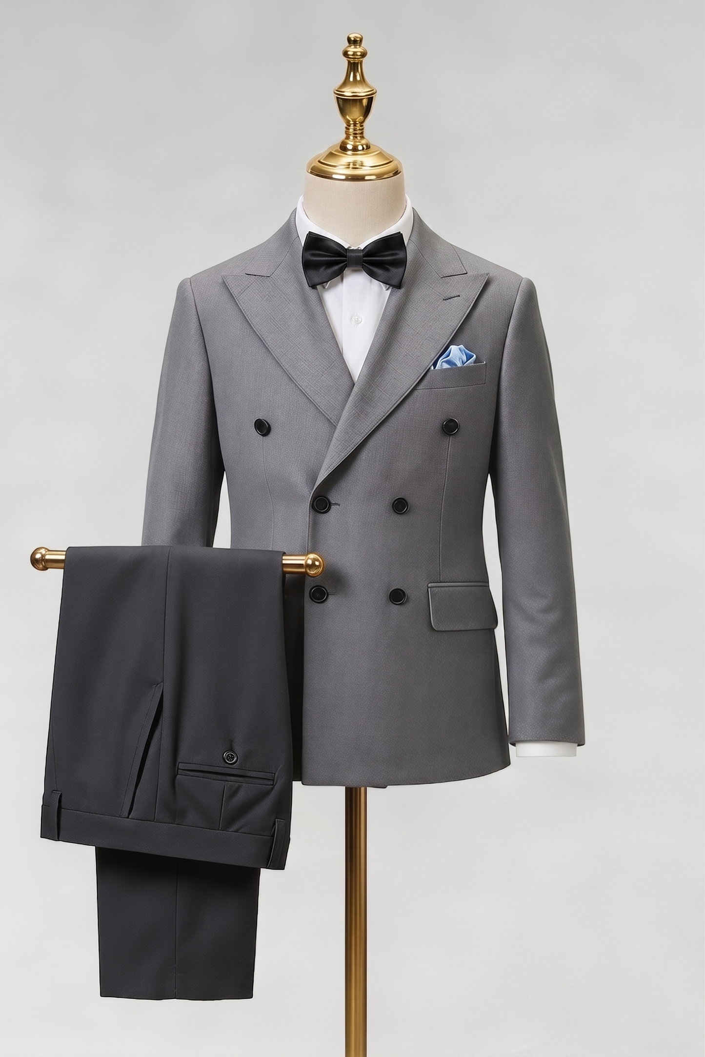 Gray And Black Cotton Linen Double-Breasted 2-Piece Suit