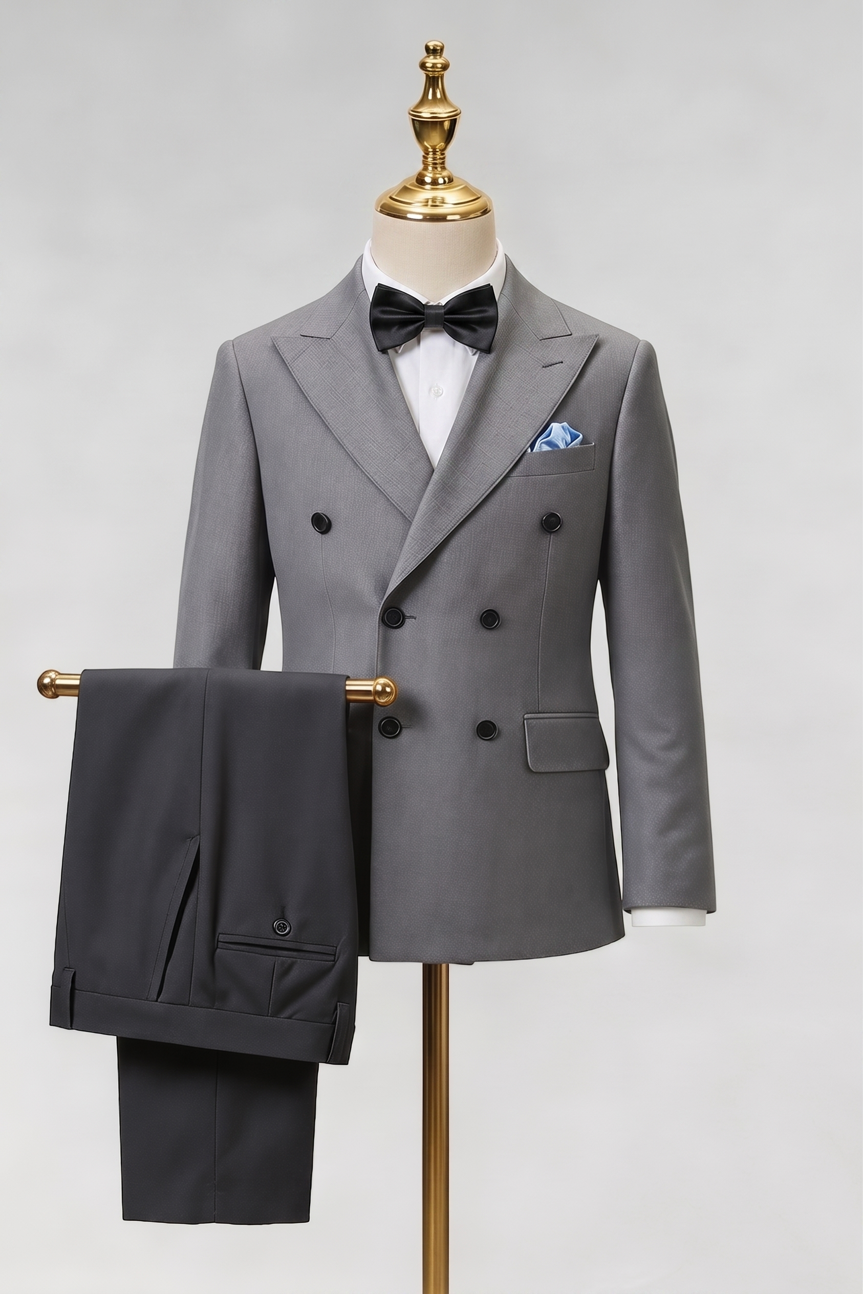Gray And Black Cotton Linen Double-Breasted 2-Piece Suit