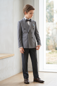 Load image into Gallery viewer, Gray And Black Cotton Linen Double-Breasted 2-Piece Suit

