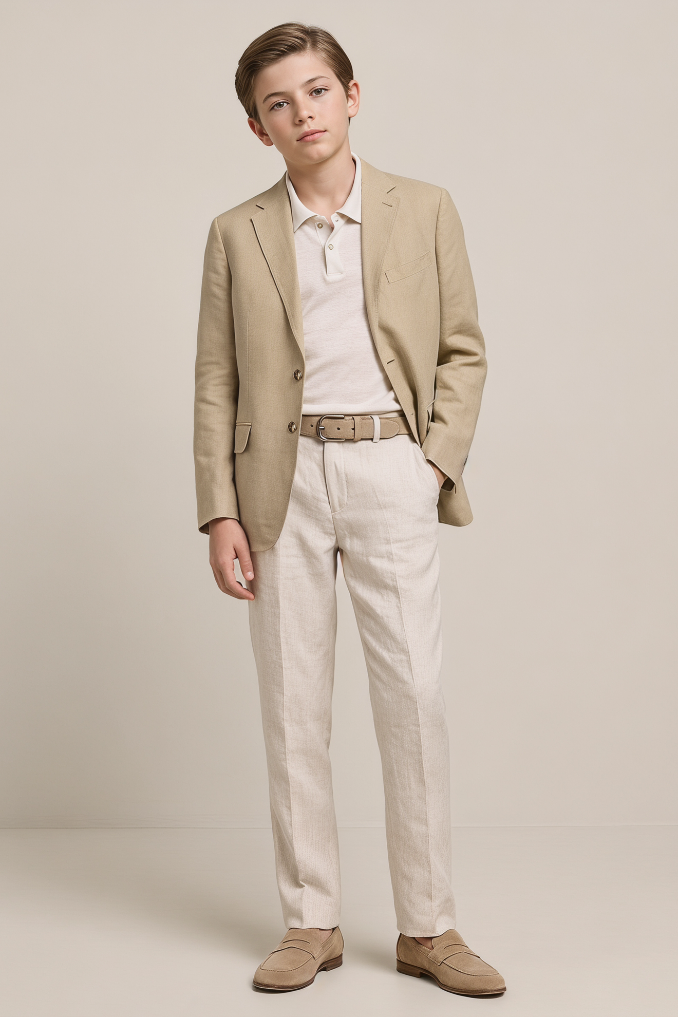 Light Khaki And Beige Cotton-Linen 2-Piece Suit