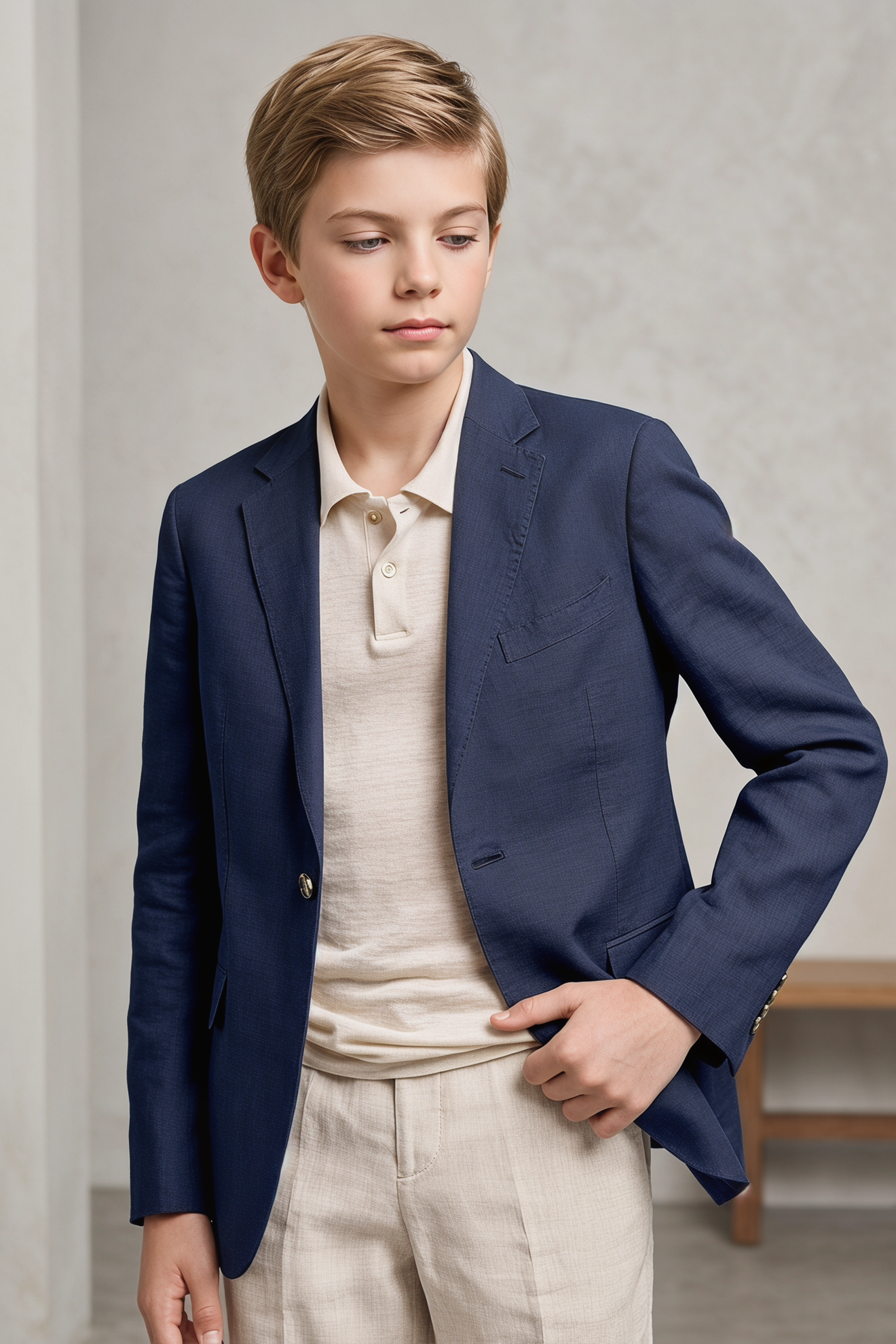 Navy Blue And Beige Cotton-Linen 2-Piece Suit