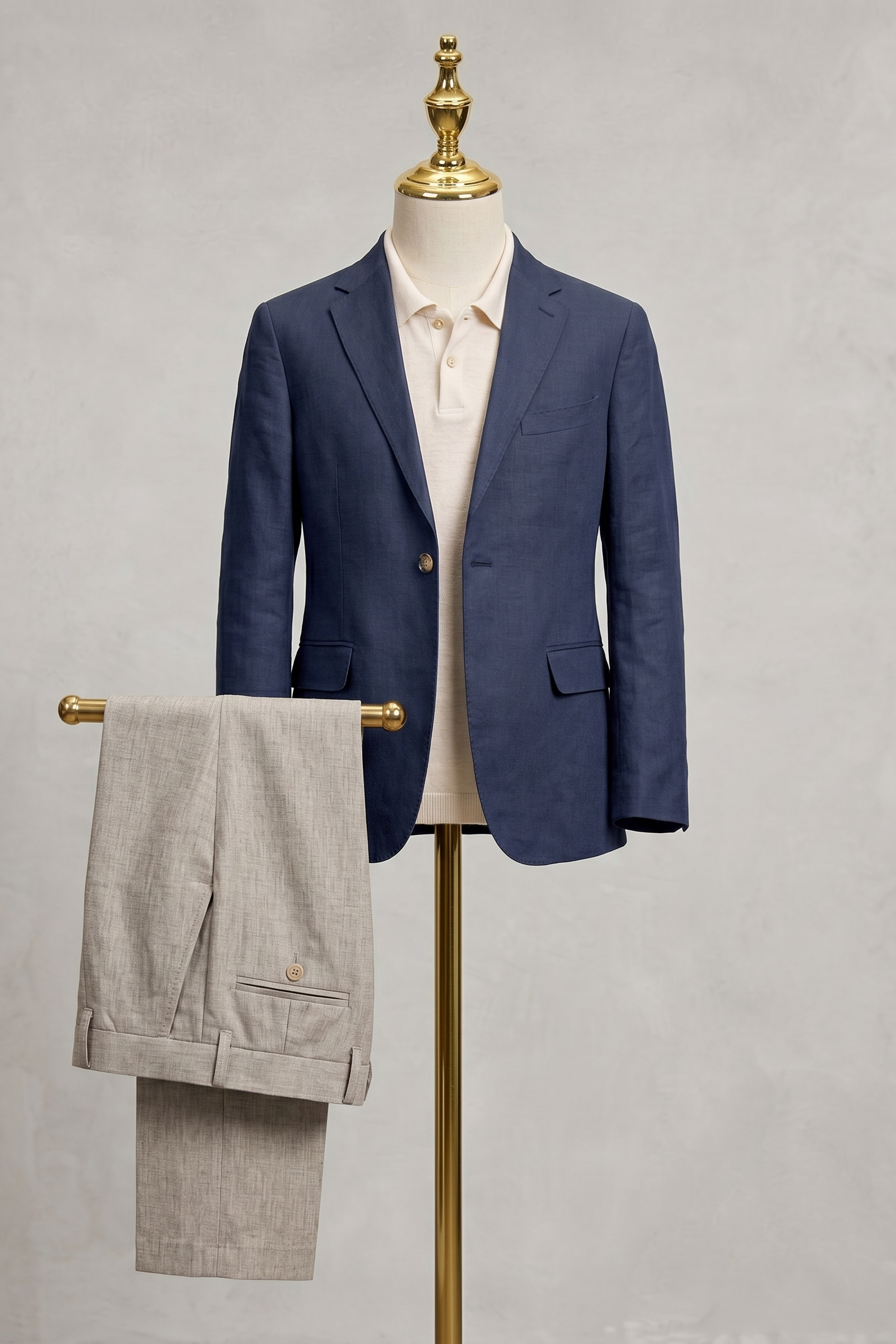 Navy Blue And Beige Cotton-Linen 2-Piece Suit