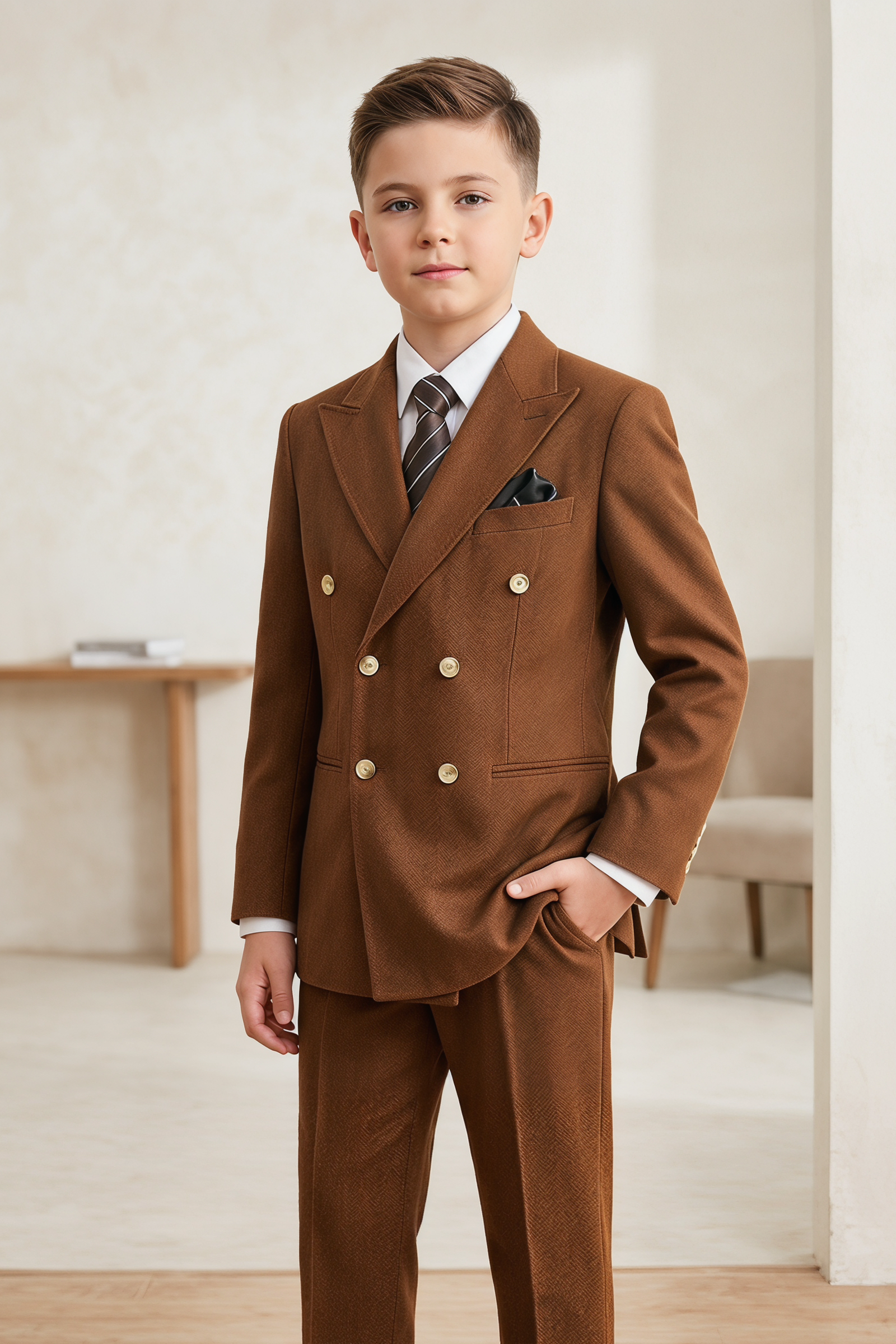 Brown Summer Herringbone Double-Breasted 2-Piece Suit