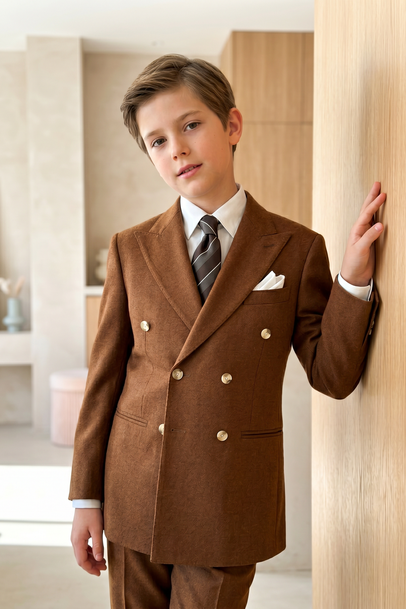 Brown Summer Herringbone Double-Breasted 2-Piece Suit