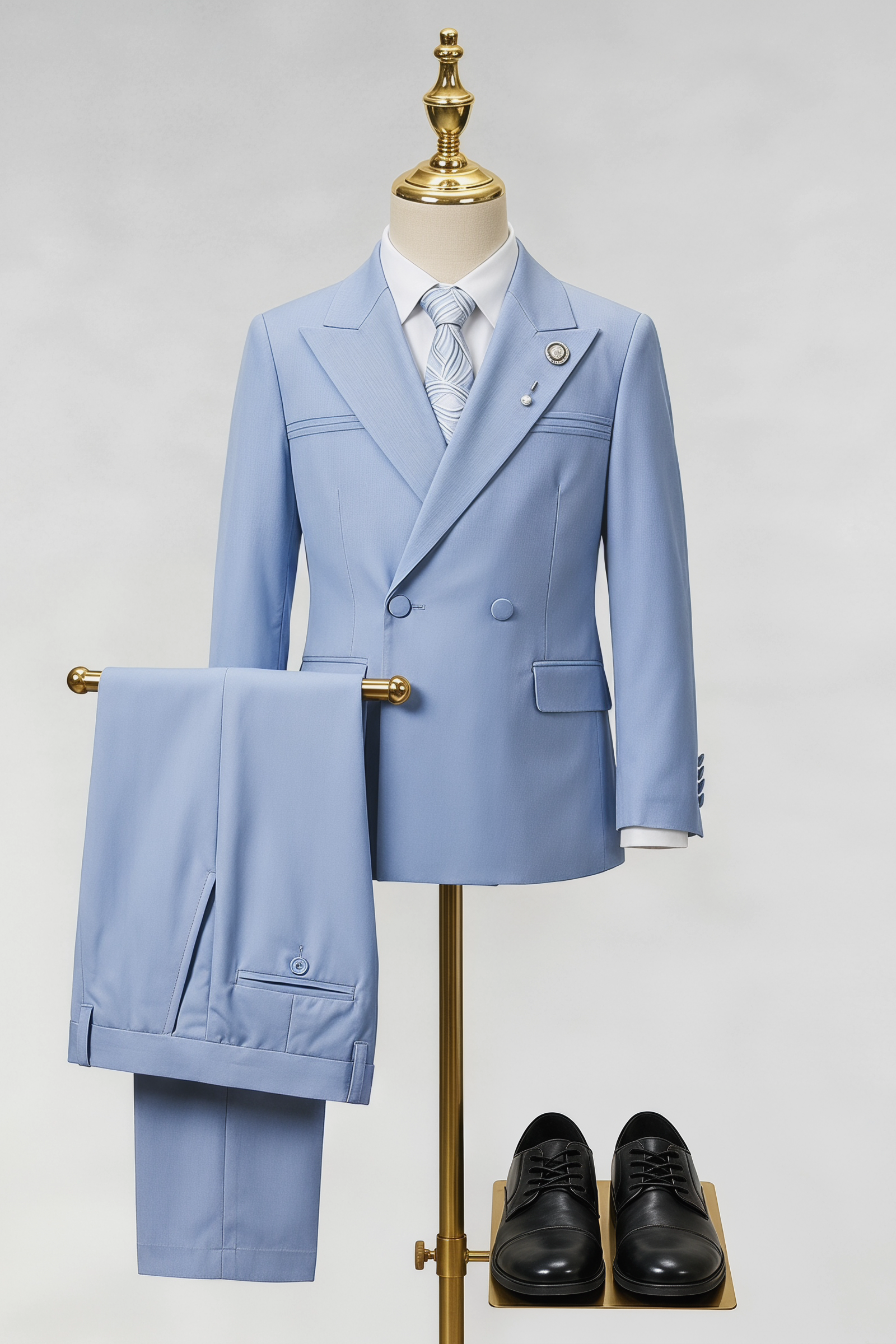 Sky Blue Striped Double-Breasted 2-Piece Suit