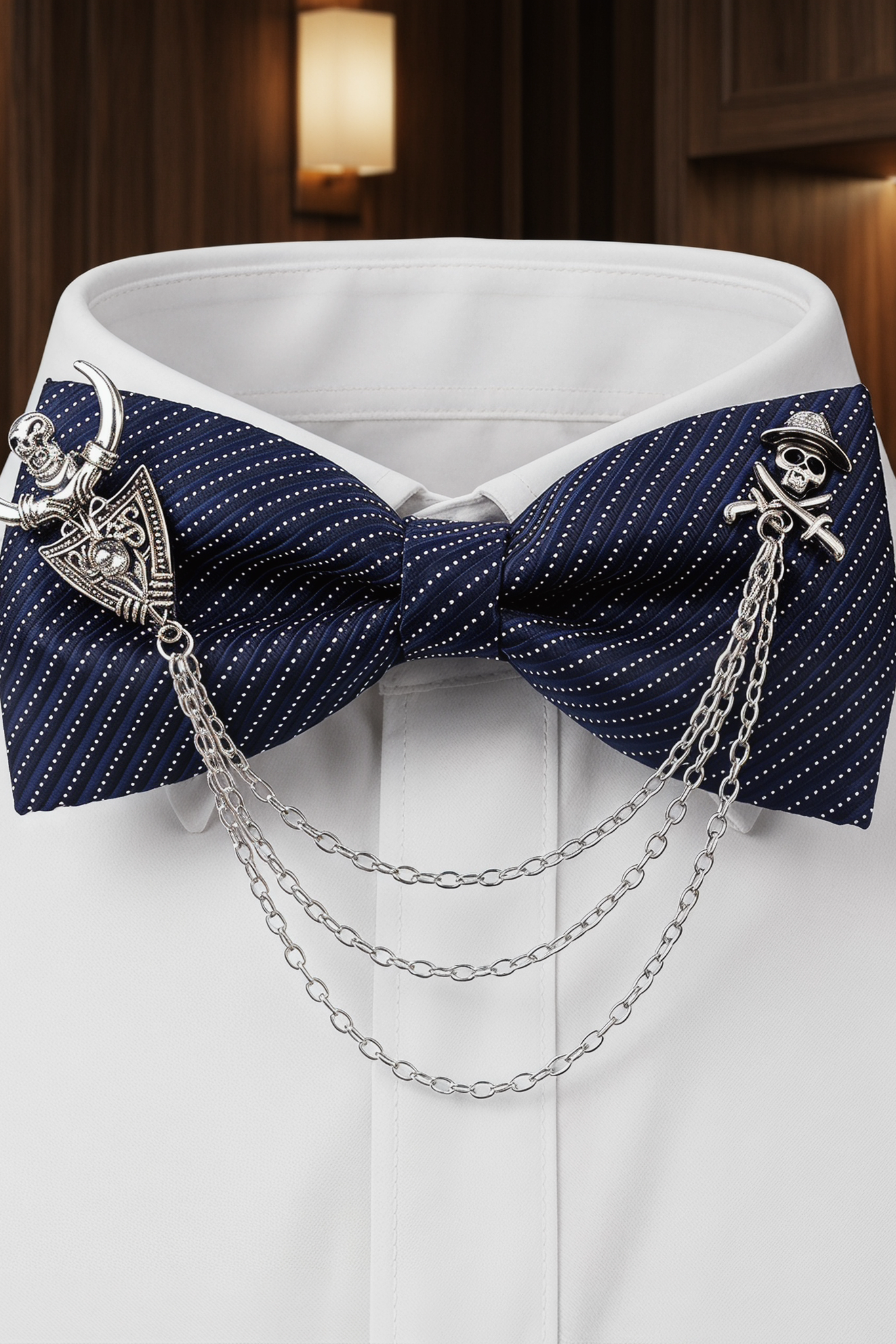 Navy Blue Striped Pirate Brooch Satin Bow Tie
