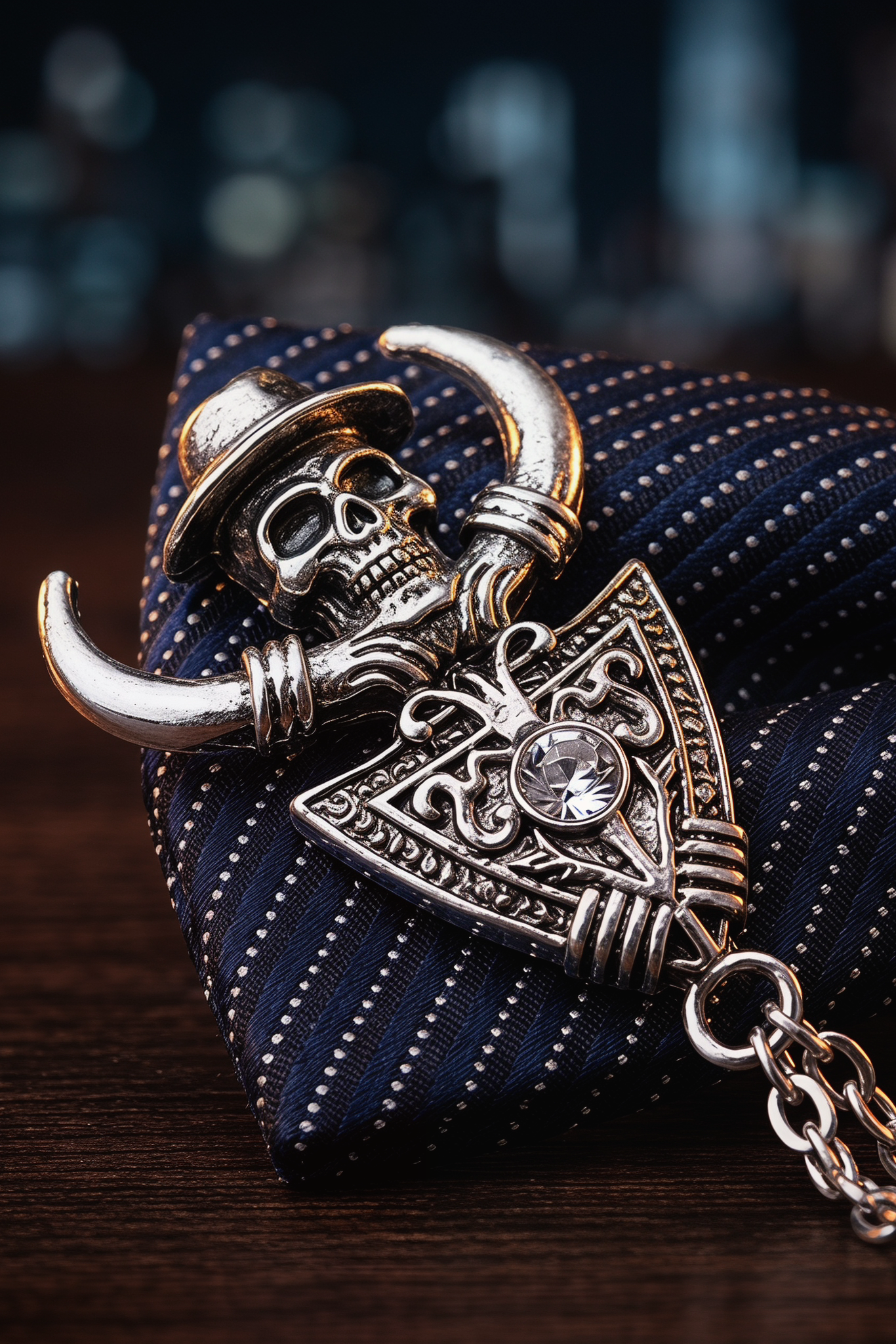 Navy Blue Striped Pirate Brooch Satin Bow Tie