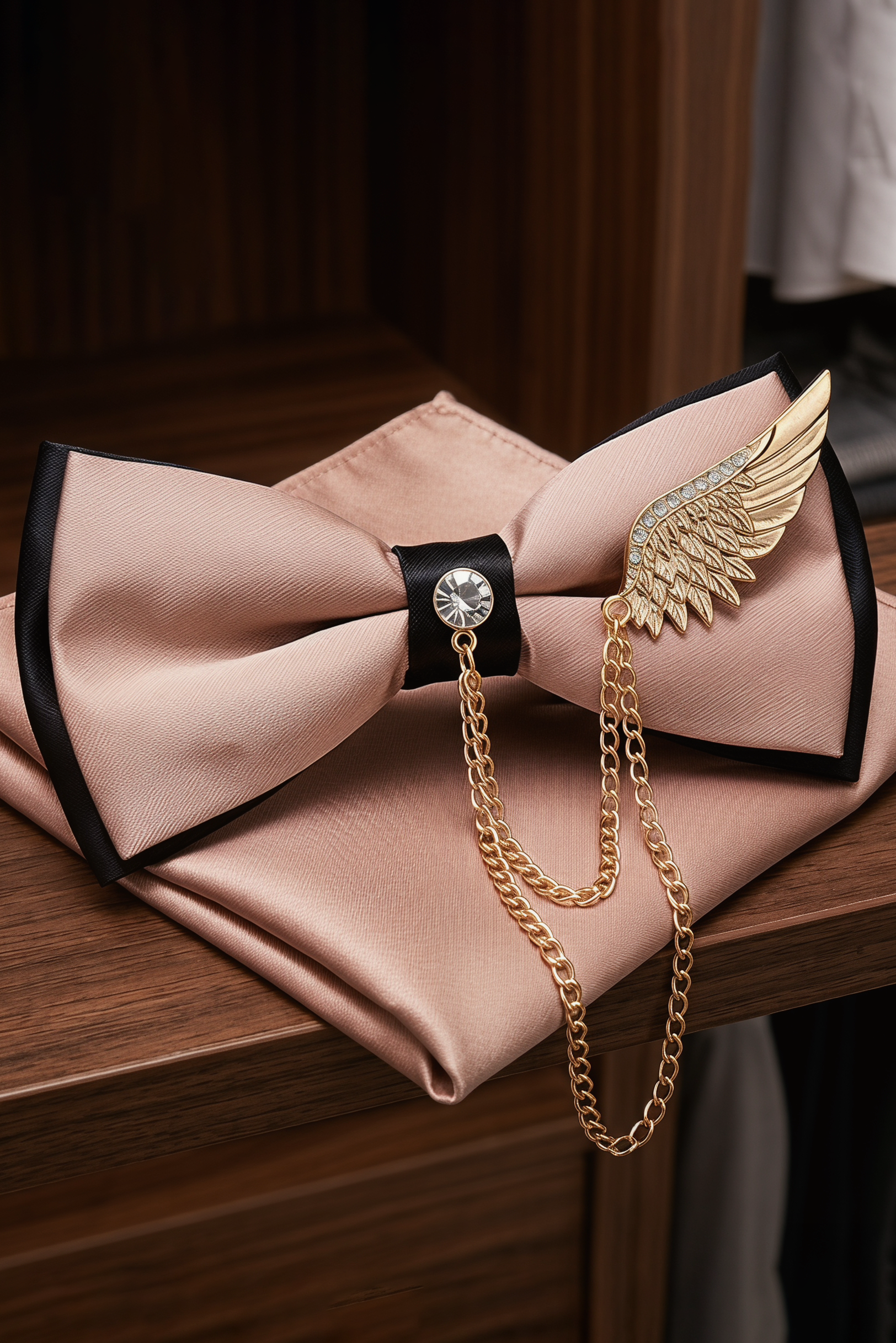 Pink And Black Winged Brooch With Satin Bow Tie