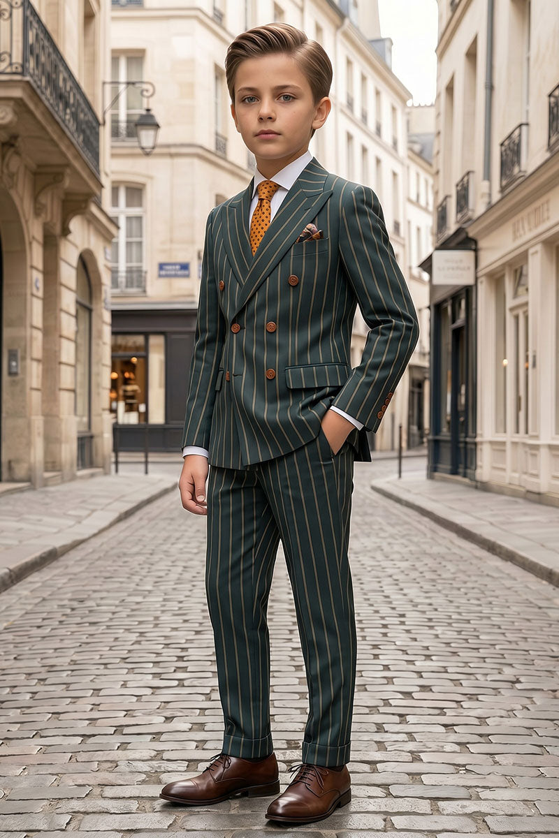Boys Dark Green Pinstripe Double-Breasted 2-Piece Suit for Weddings