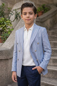 Load image into Gallery viewer, Boys Light Blue Pinstripe Double-Breasted Blazer with Navy Trousers 2-Piece Suit
