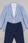 Load image into Gallery viewer, Boys Light Blue Pinstripe Double-Breasted Blazer with Navy Trousers 2-Piece Suit
