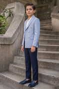 Load image into Gallery viewer, Boys Light Blue Pinstripe Double-Breasted Blazer with Navy Trousers 2-Piece Suit
