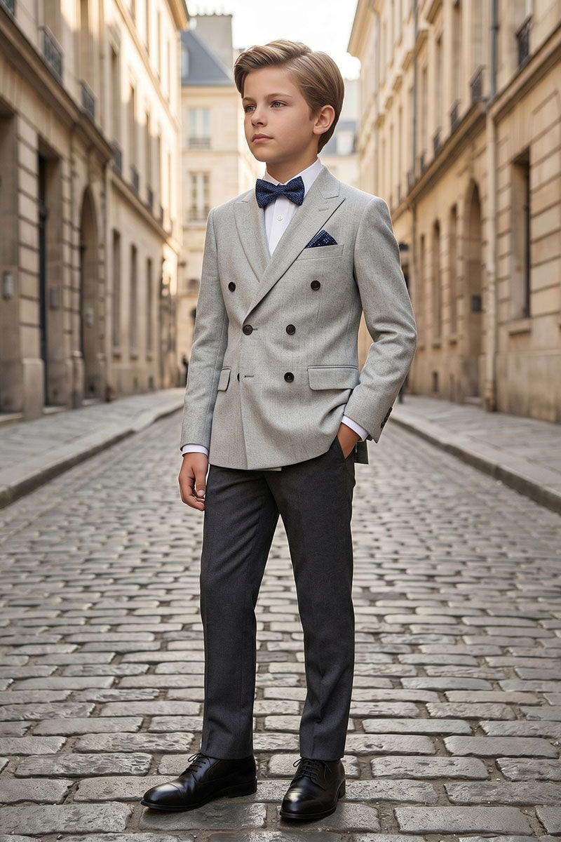 Boys Grey Double-Breasted 2-Piece Suit for Weddings