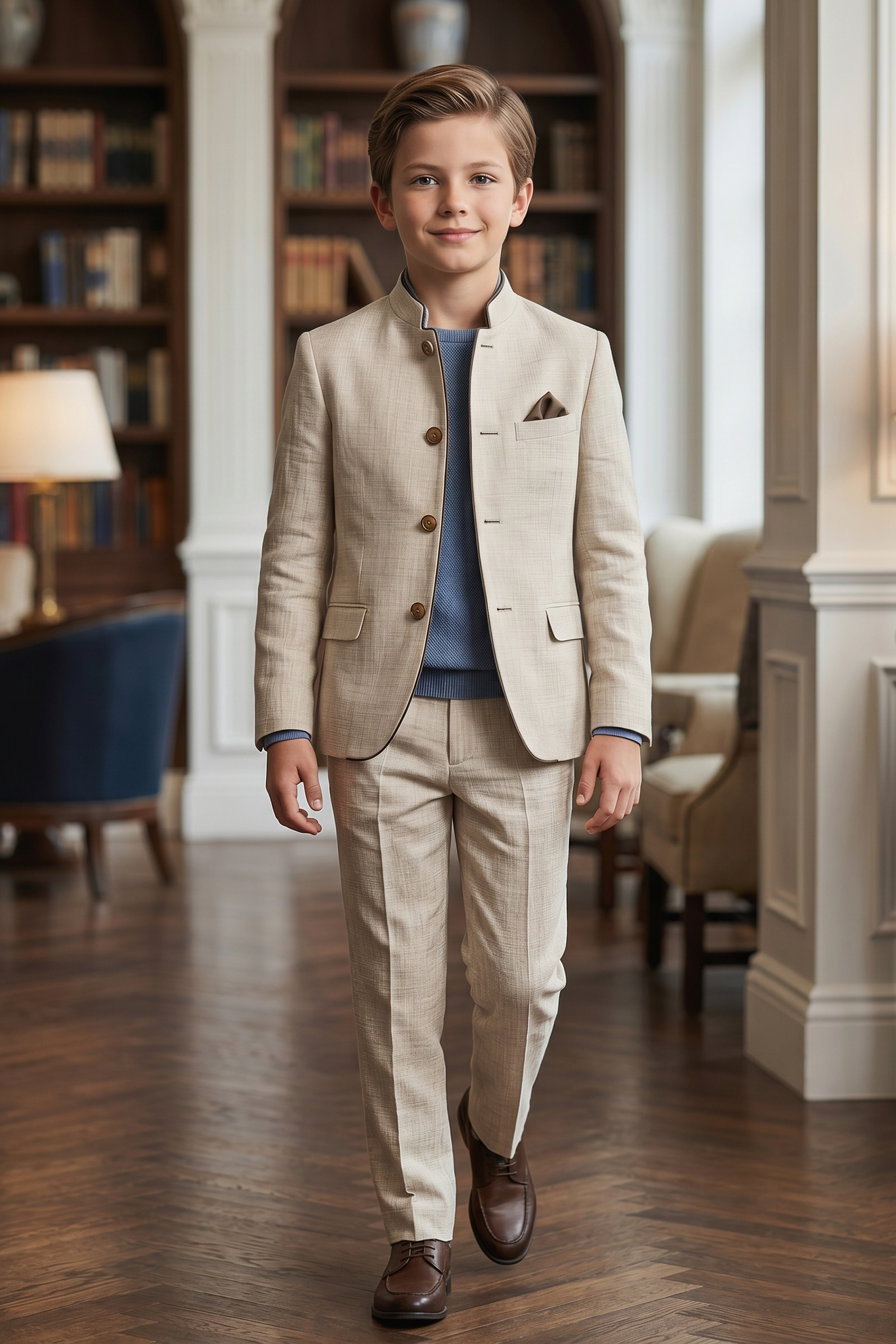 Light Brown Cotton Linen Single-Breasted 2-Piece Suit