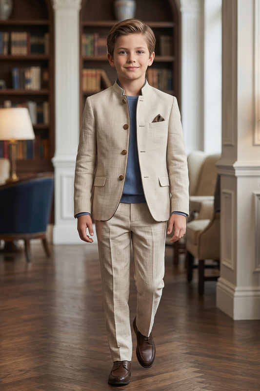Light Brown Cotton Linen Single-Breasted 2-Piece Suit