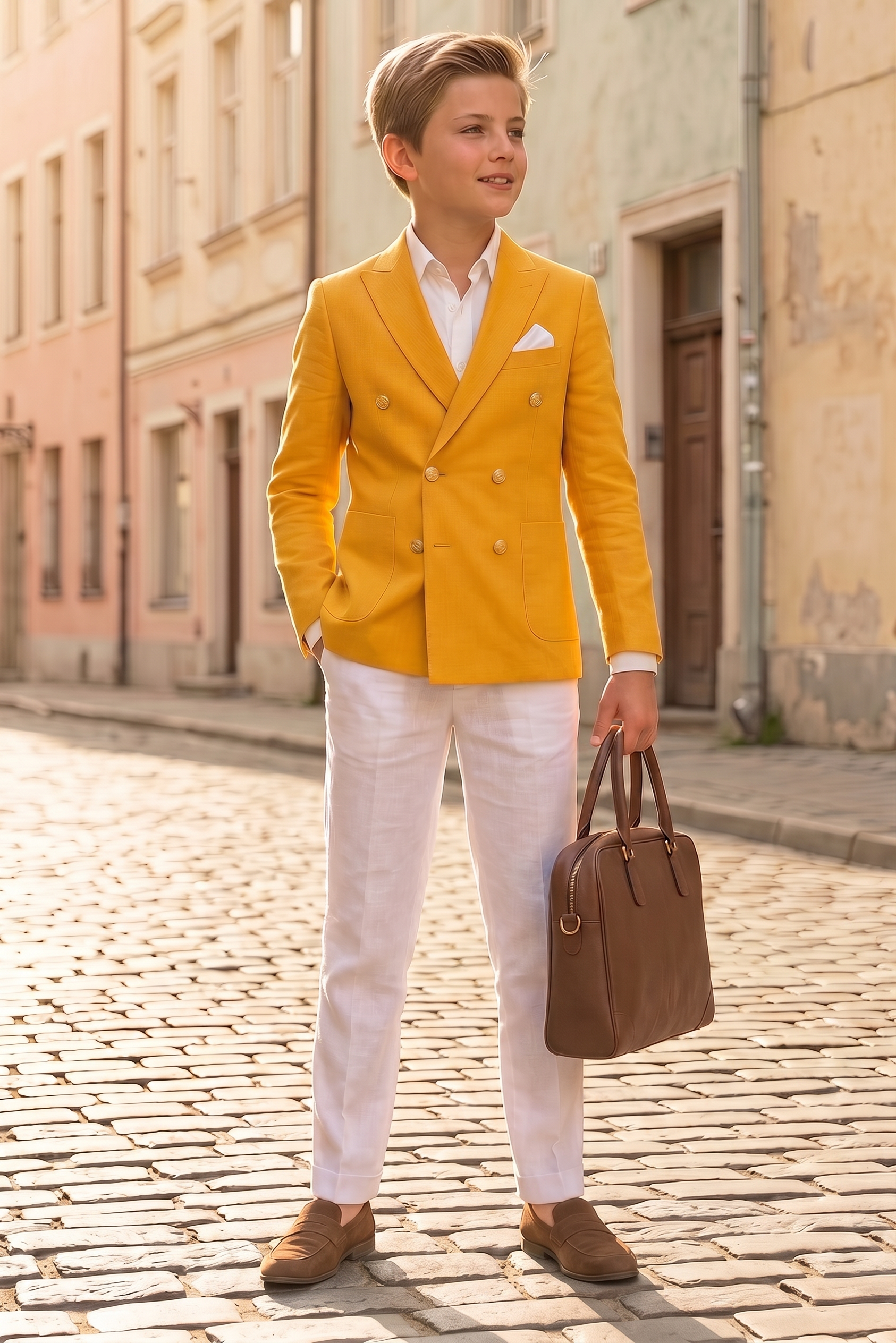 Orange And White Cotton Linen Double-Breasted 2-Piece Suit