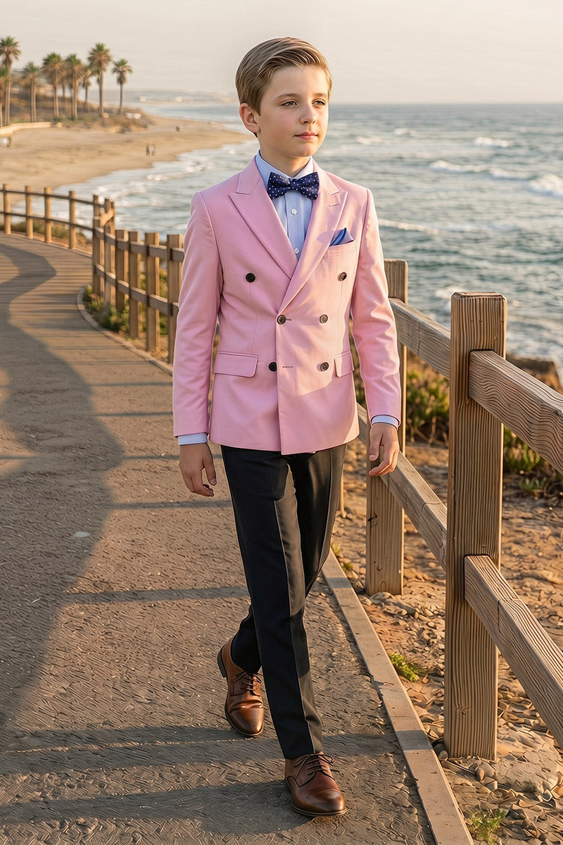Boys Pink Double-Breasted Blazer with Black Trousers 2-Piece Suit