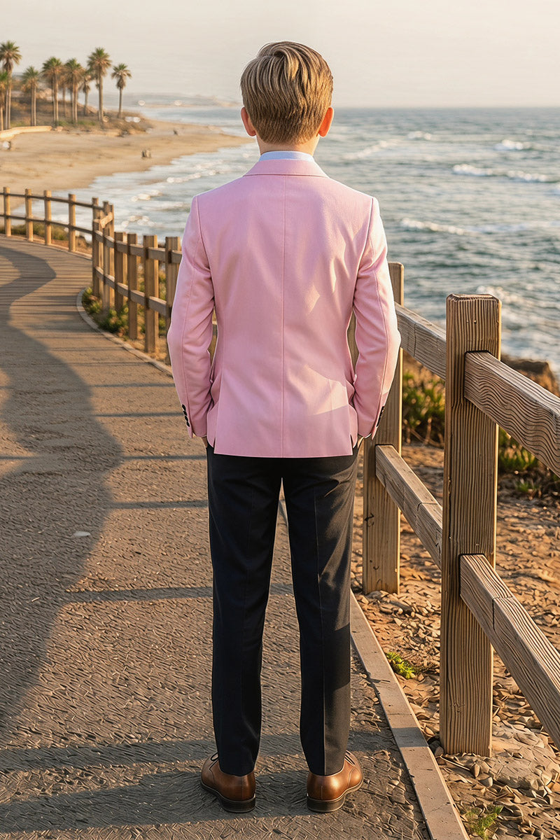 Boys Pink Double-Breasted Blazer with Black Trousers 2-Piece Suit
