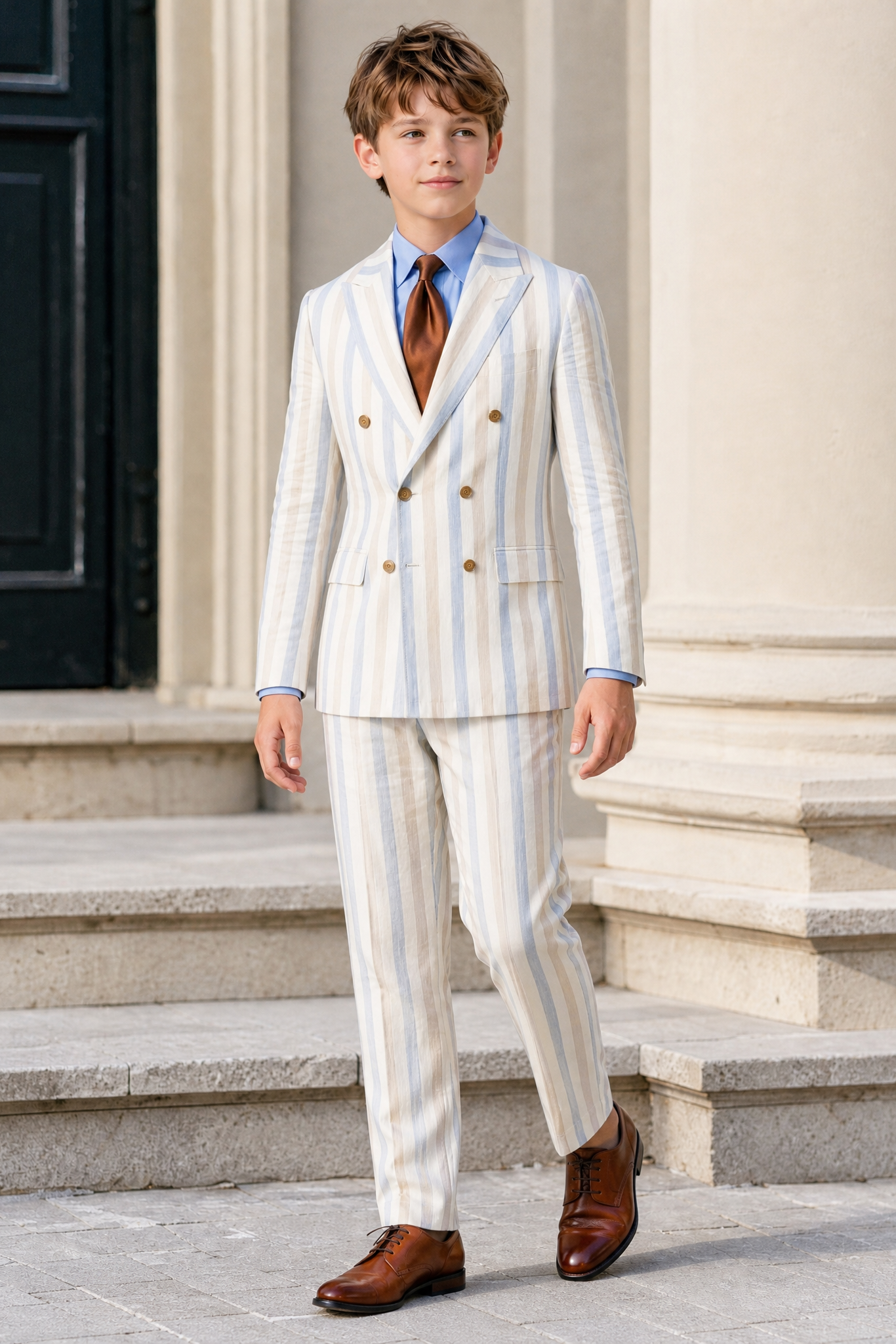 White Color-Blocked Striped Double-Breasted 2-Piece Suit