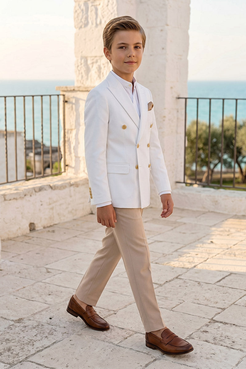 Boys White Double-Breasted Blazer 2-Piece Suit for Weddings