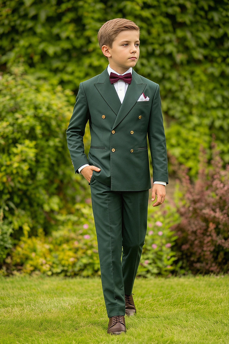 Boys Dark Green Double-Breasted 2-Piece Suit for Weddings