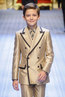 Champagne-Colored Black Trim Satin Double-Breasted 2-Piece Suit