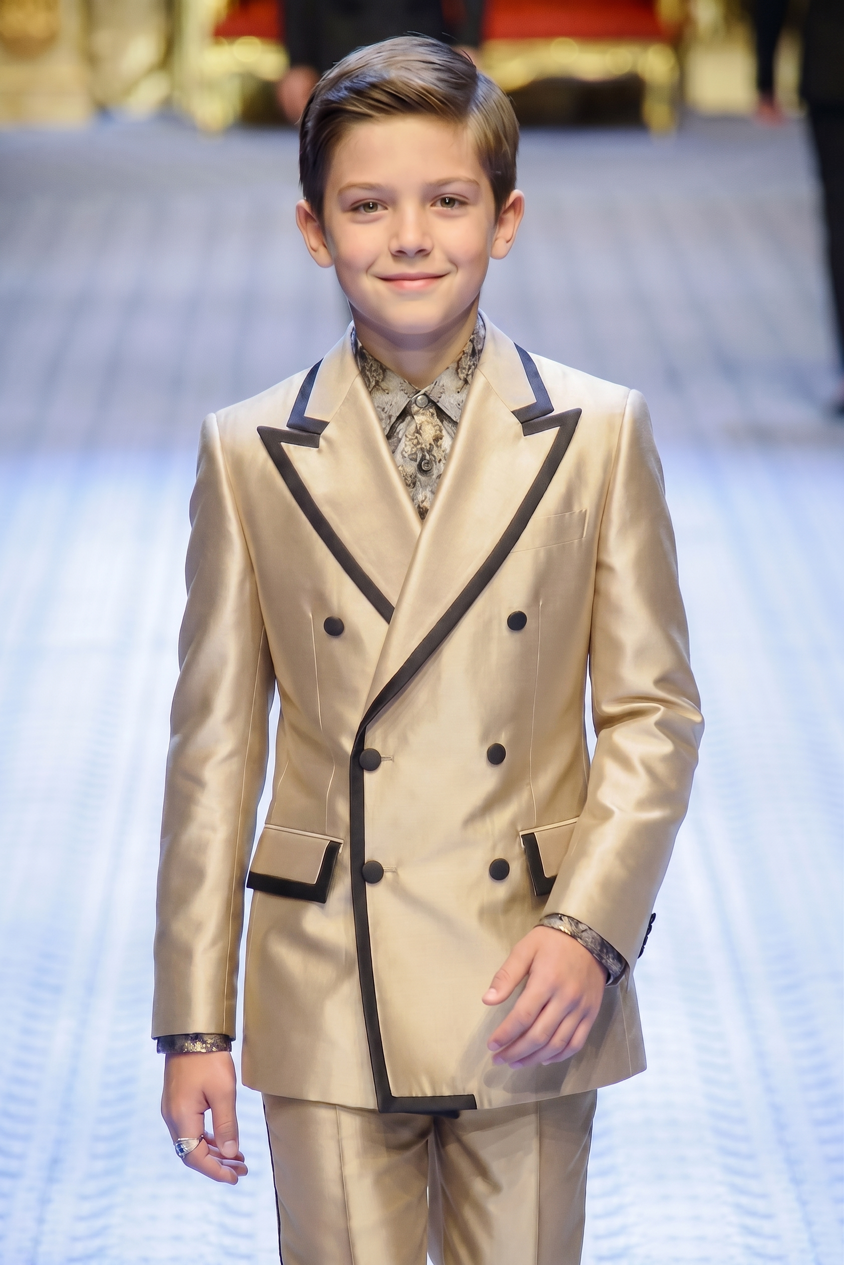 Champagne-Colored Black Trim Satin Double-Breasted 2-Piece Suit