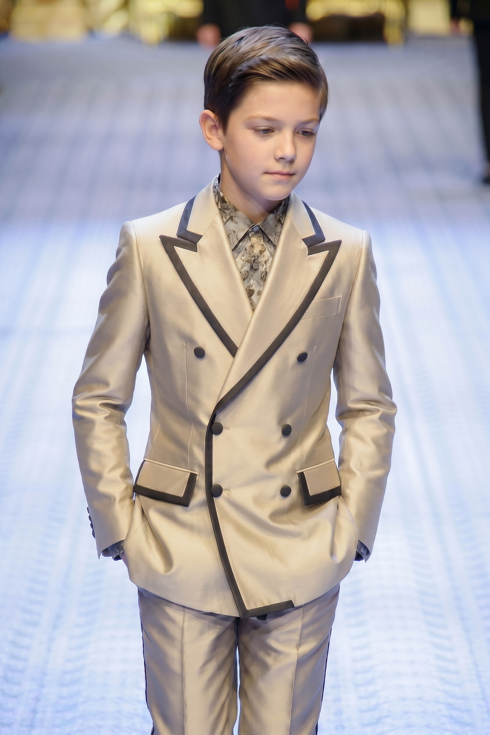 Champagne-Colored Black Trim Satin Double-Breasted 2-Piece Suit