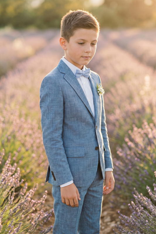 Denim Blue Cotton Linen Single-Breasted 2-Piece Suit