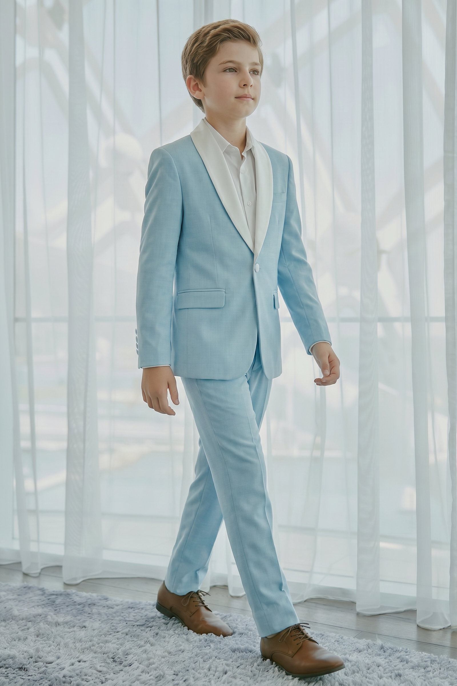 Light Sky Blue And White Cotton Linen Single-Breasted 2-Piece Suit