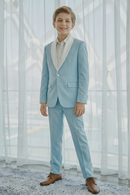Light Sky Blue And White Cotton Linen Single-Breasted 2-Piece Suit