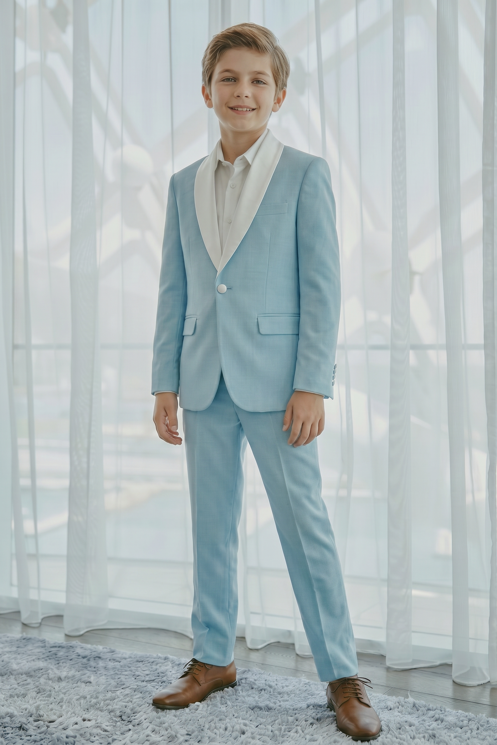 Light Sky Blue And White Cotton Linen Single-Breasted 2-Piece Suit