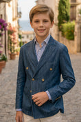 Load image into Gallery viewer, Boys Navy Double-Breasted Blazer with Beige Trousers 2-Piece Suit for Weddings
