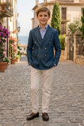 Load image into Gallery viewer, Boys Navy Double-Breasted Blazer with Beige Trousers 2-Piece Suit for Weddings
