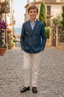 Boys Navy Double-Breasted Blazer with Beige Trousers 2-Piece Suit for Weddings