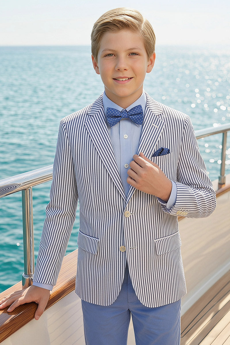 Boys Seersucker Stripe Blazer with Light Blue Trousers 2-Piece Suit for Weddings