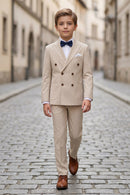 Boys Beige Pinstripe Double-Breasted 2-Piece Suit for Weddings