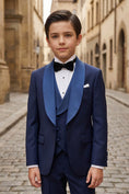 Load image into Gallery viewer, Boys Navy Blue Tuxedo with Shawl Lapel 3-Piece Suit
