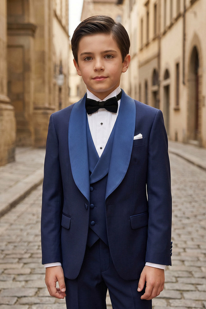 Boys Navy Blue Tuxedo with Shawl Lapel 3-Piece Suit