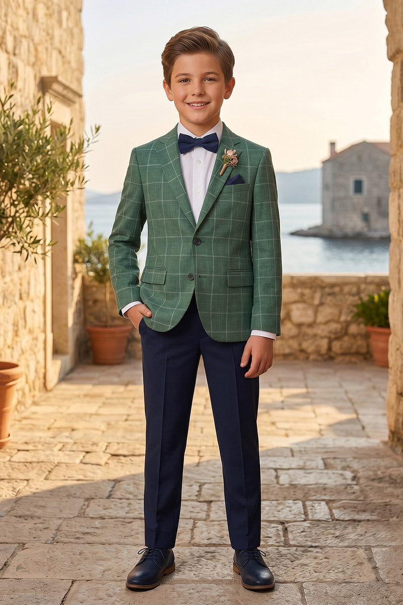 Boys Green Windowpane Check Blazer with Navy Trousers 2-Piece Suit