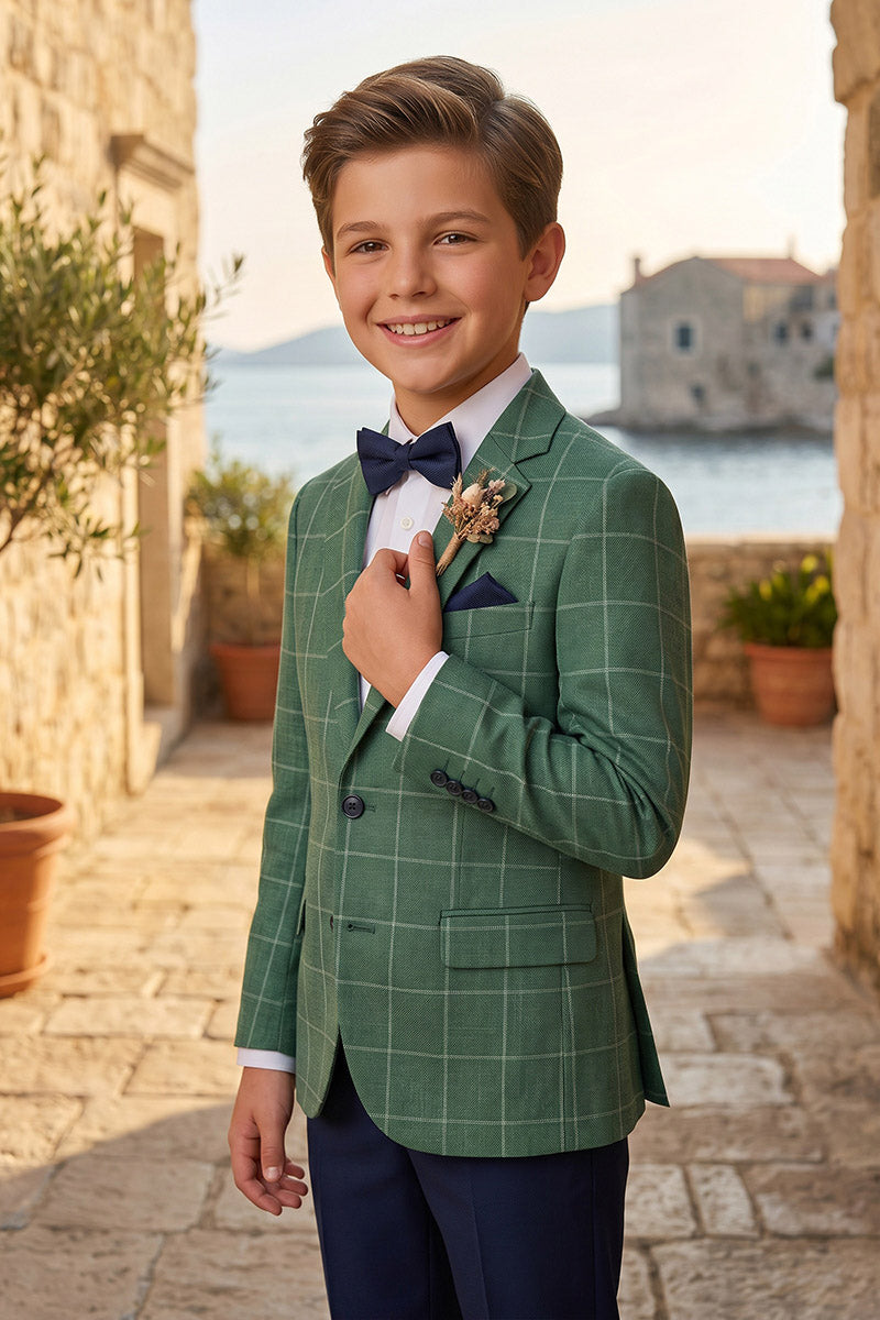 Boys Green Windowpane Check Blazer with Navy Trousers 2-Piece Suit