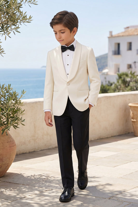 Boys Ivory Shawl Lapel Tuxedo with Black Trousers 2-Piece Suit