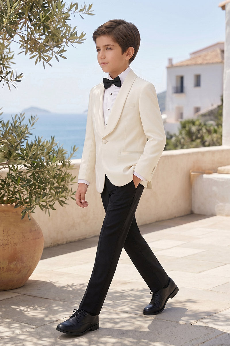 Boys Ivory Shawl Lapel Tuxedo with Black Trousers 2-Piece Suit