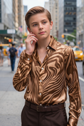 Load image into Gallery viewer, Brown Zebra Print Satin Long-Sleeved Shirt
