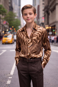 Load image into Gallery viewer, Brown Zebra Print Satin Long-Sleeved Shirt
